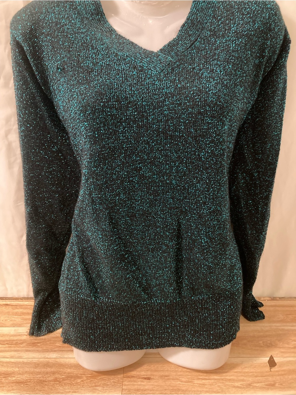 Bay Club Black Turquoise Metallic V Neck Sweater Vintage Y2K Women L